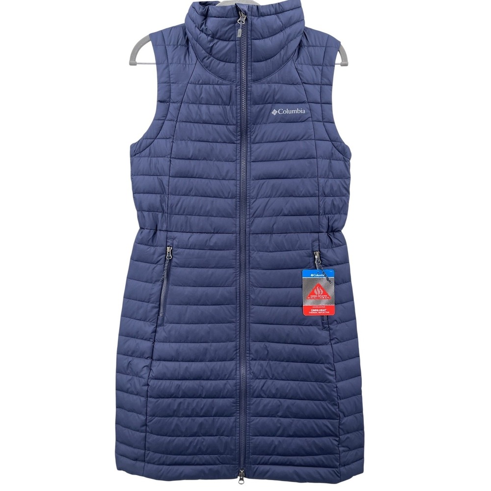 Columbia White Out Long Vest Womens Small Navy Blue Puffer Omni-Heat Quilted NEW